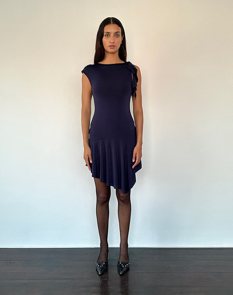 Image of Winslow Asymmetric Frill Mini Dress in Navy