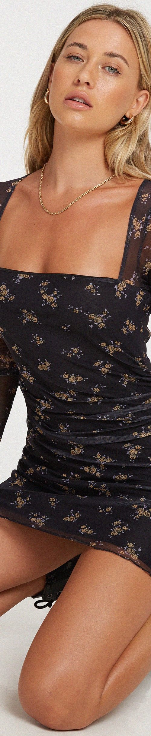 IMAGE OF Wilem Long Sleeve Dress in Femme Floral Black and Gold