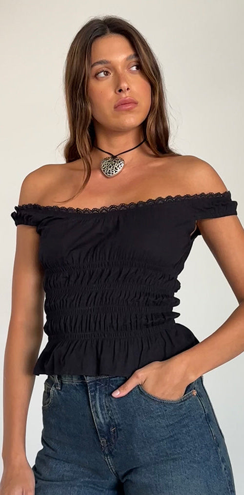 Image of Xavinia Shirred Bardot Top in Black Poplin