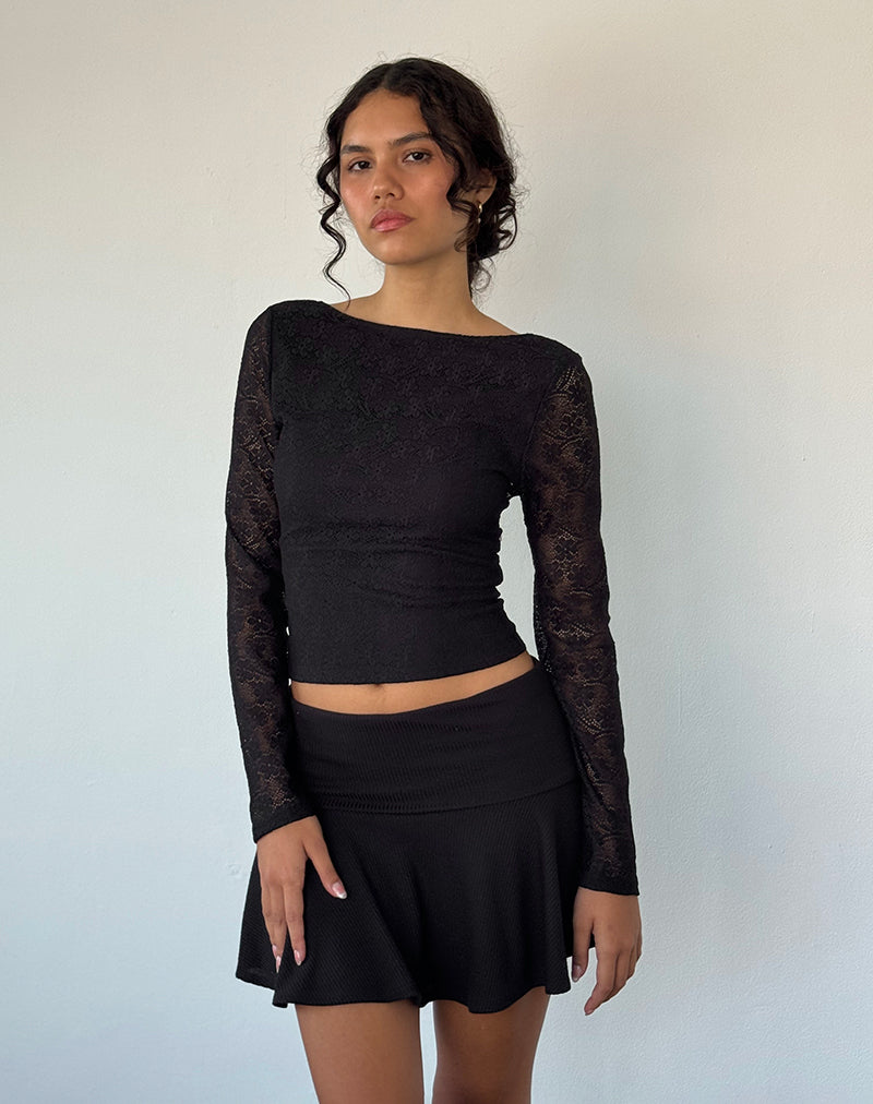 Xiabon Backless Long Sleeve Top in Lace Black