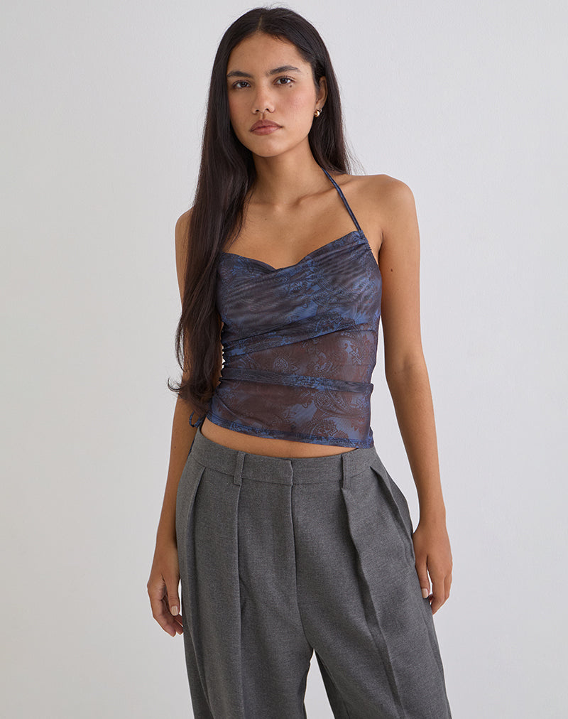 Xiomara Halterneck Top in Midnight Paisley Dark Blue
