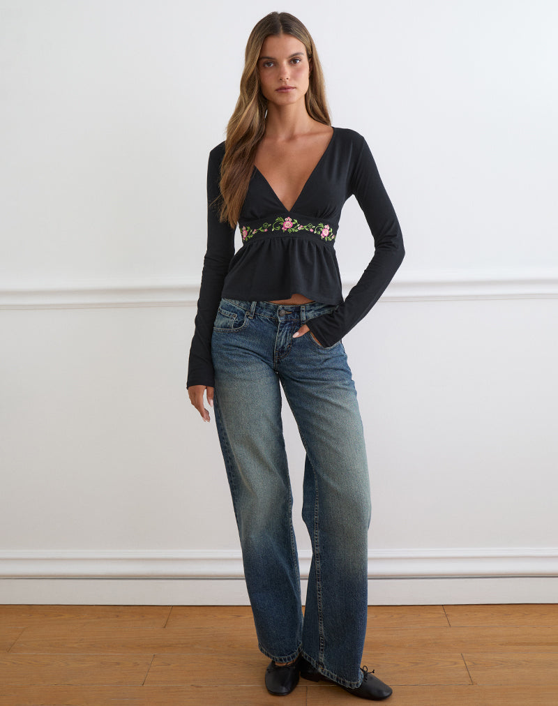 Yahop Top in Black with Swirly Floral Embroidery