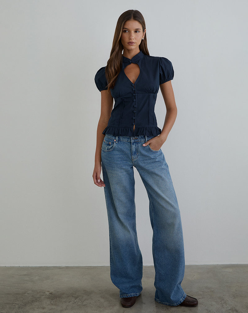 Image of Yamila Puff Sleeve Keyhole Blouse in Dark Navy