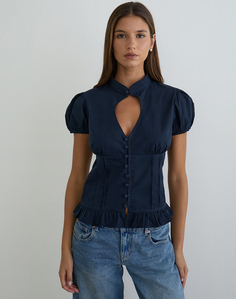 Image of Yamila Puff Sleeve Keyhole Blouse in Dark Navy