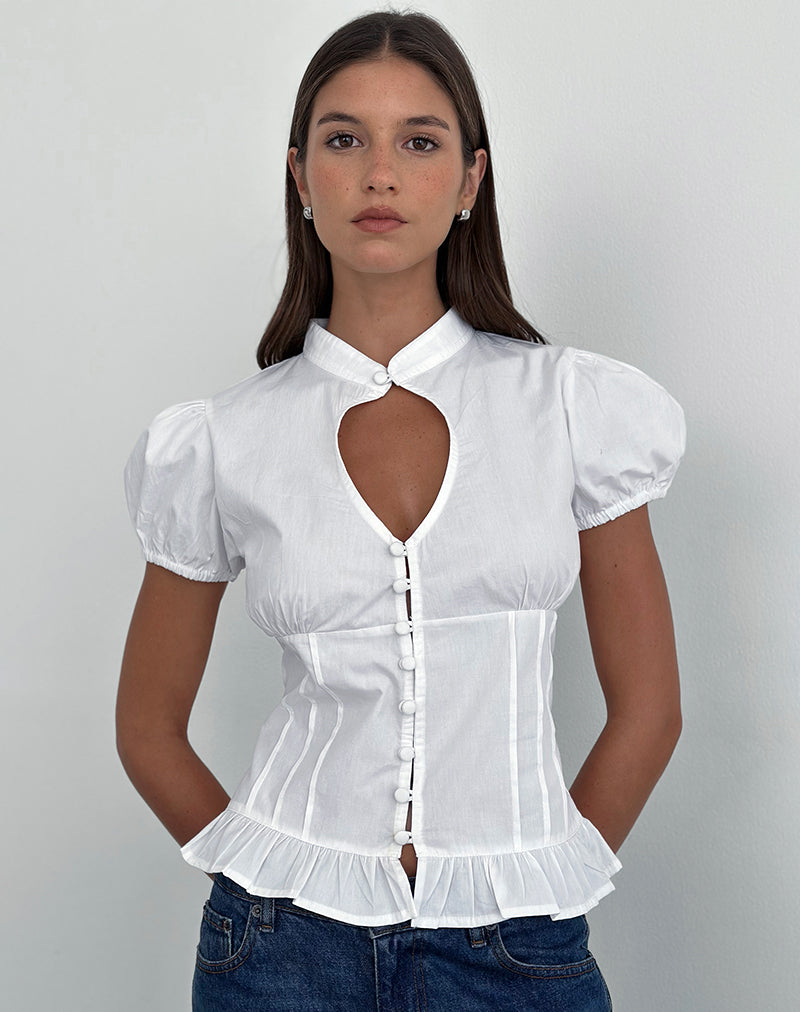 Yamila Puff Sleeve Keyhole Blouse in White