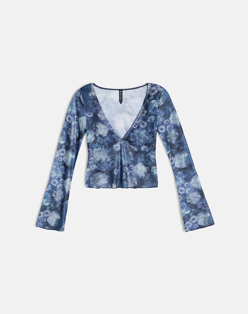 Image of Yamuna Long Sleeve Top in Dark Blue Arty Flower Mesh