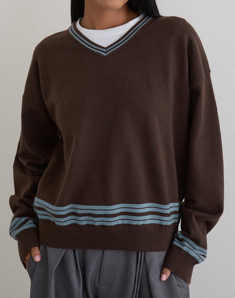 Image of Yarnia Slouchy V-neck Jumper in Brown and Blue