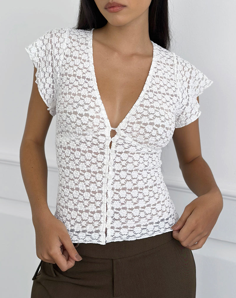 Yeslin V-Neck Button Up Top in Lace White