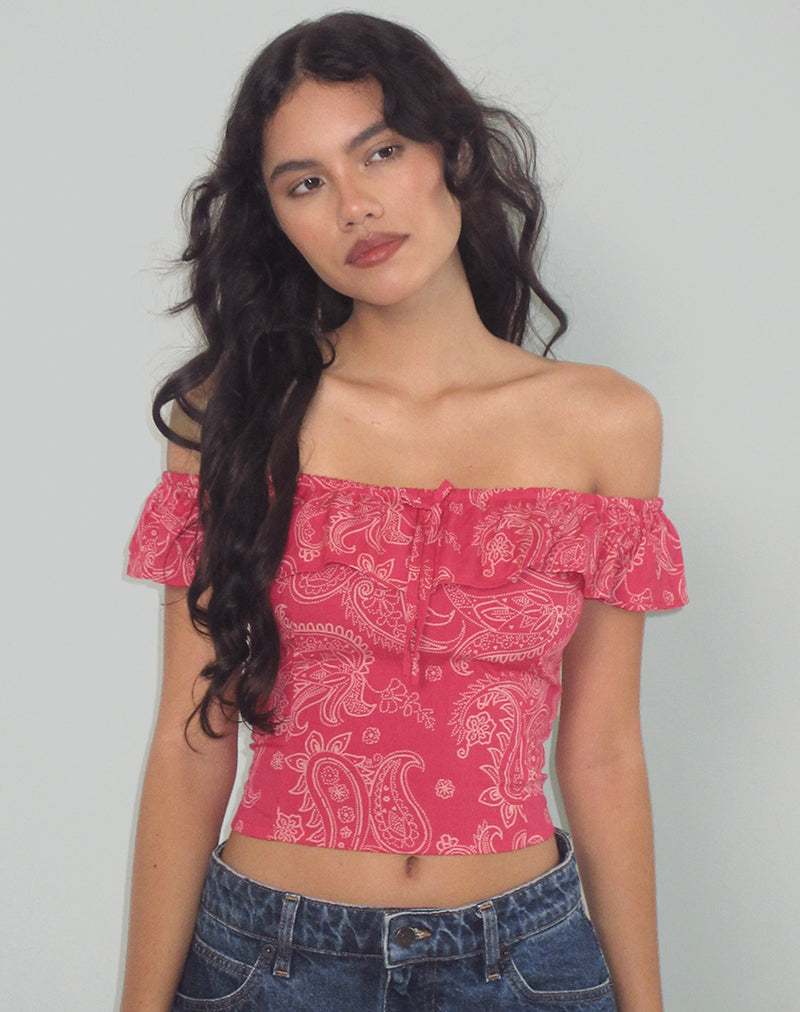 Image of Yokai Bardot Top in Retro Paisley Pink