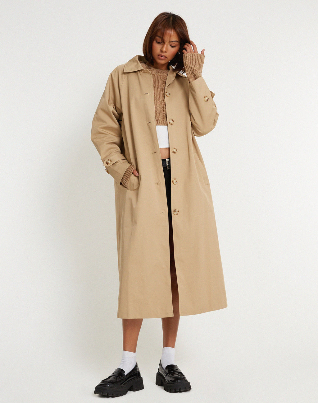 Assa Trench Coat in Tan with Stripe Lining