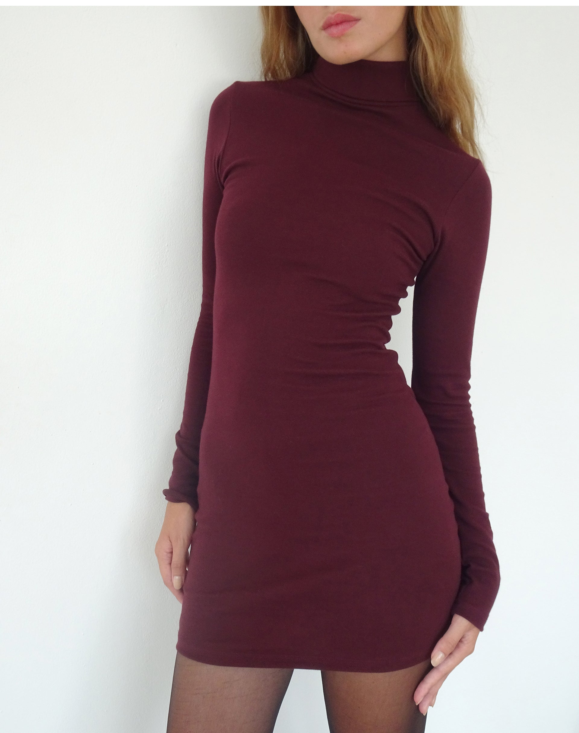 Image of Yrion Turtle Neck  Bodycon Mini Dress in Burgundy