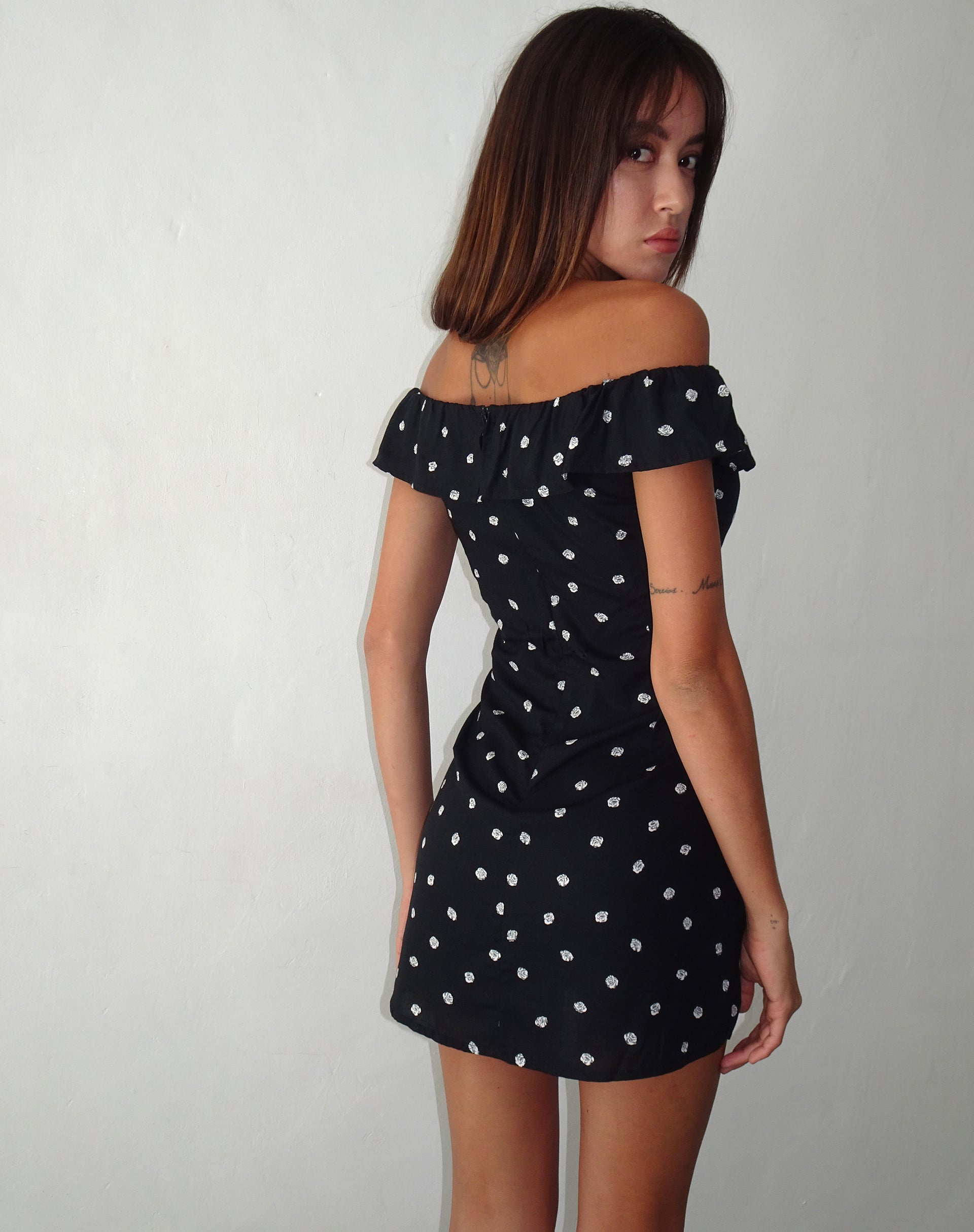 Image of Yudia Bardot Mini Dress in Ditsy Rose Black