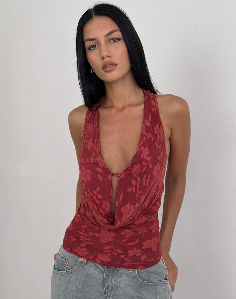 Image of Yukari Plunge Top in Burnout Mesh Red