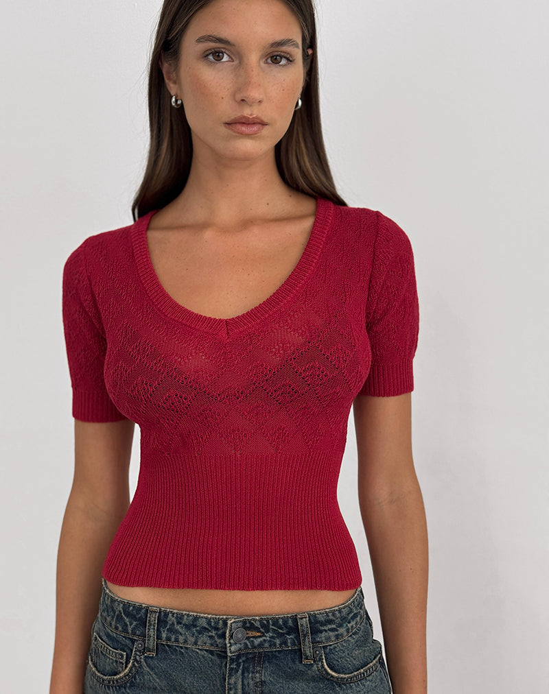 Image of Yura Top in Pointelle Knit Deep Red