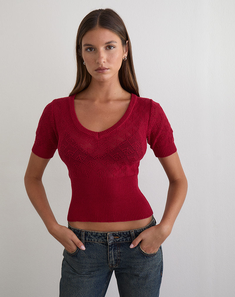 Yura Top in Pointelle Knit Deep Red
