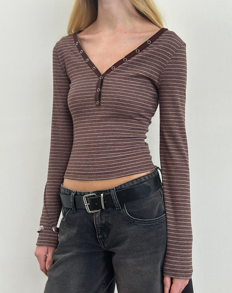 Yusi Long Sleeve Top in Brown and Grey Stripe