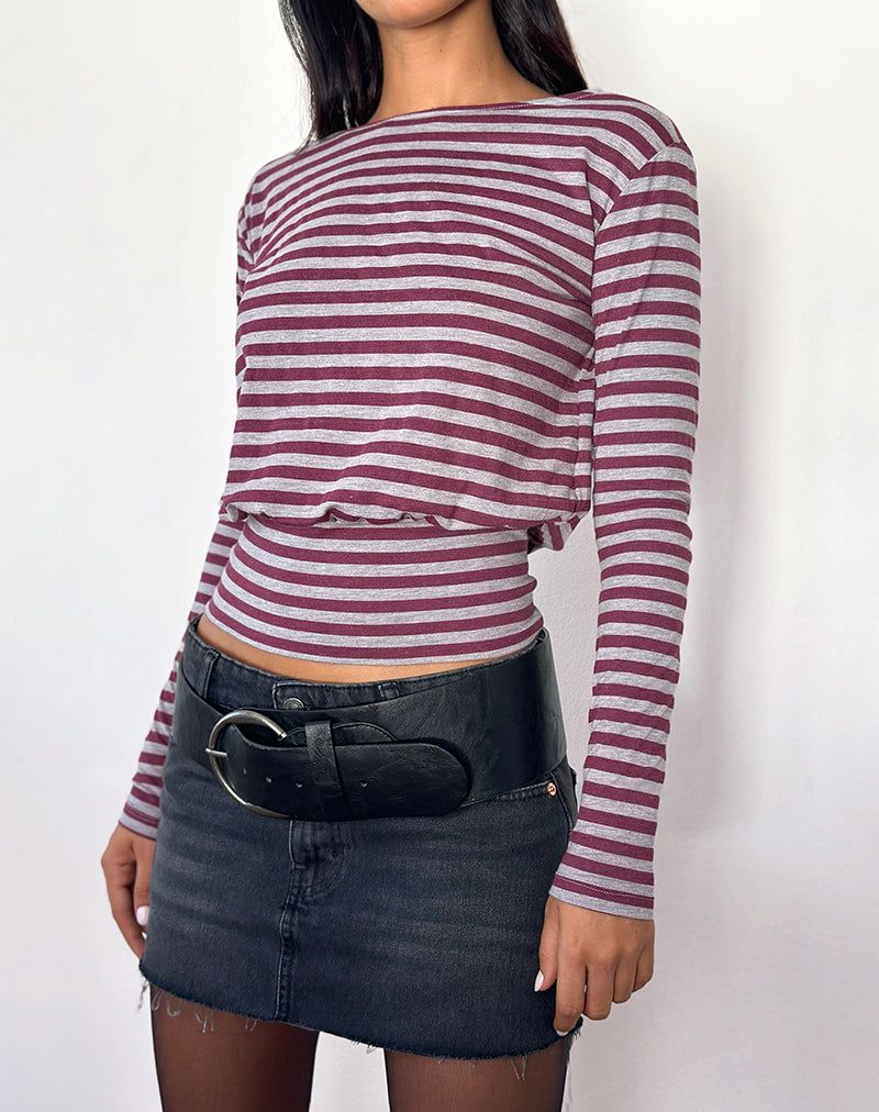 Zahir Long Sleeve Top in Burgundy and Grey Stripe