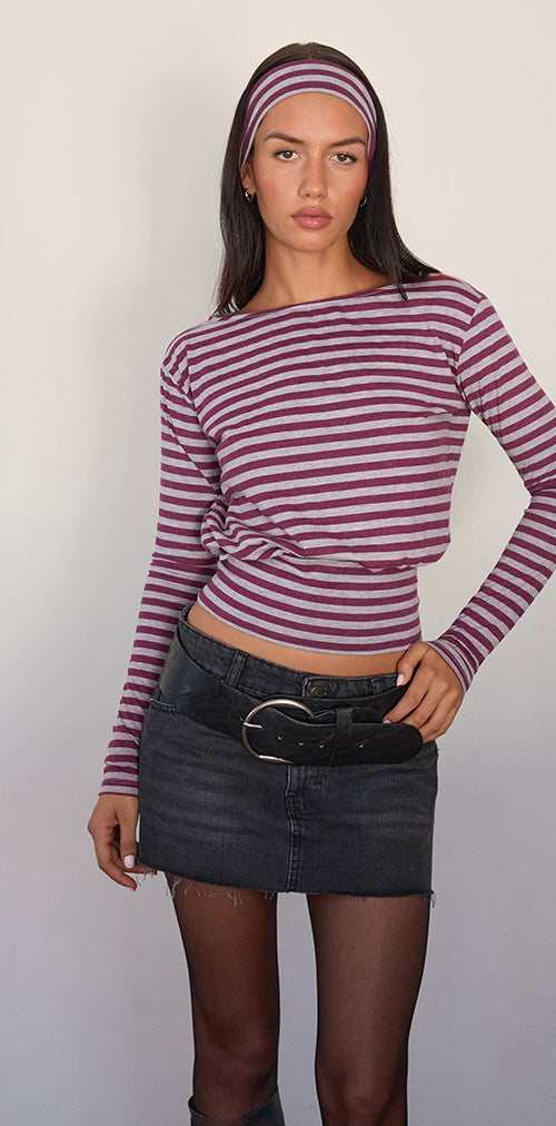 Image of Zahir Long Sleeve Top in Burgundy and Grey Stripe