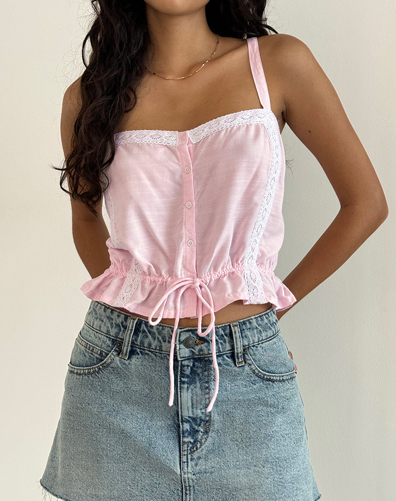 Zaria Tie Front Top in Light Pink with White Trim