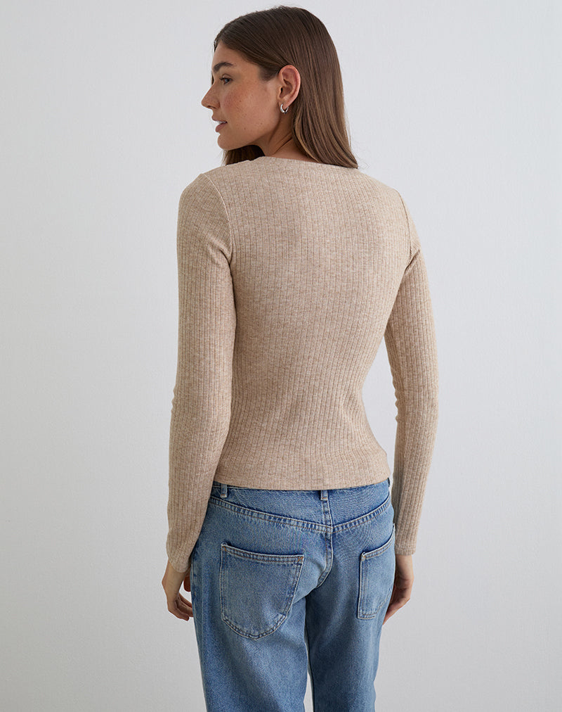Image of Zinta Long Sleeve Button Up Top in Rib Knit Oat