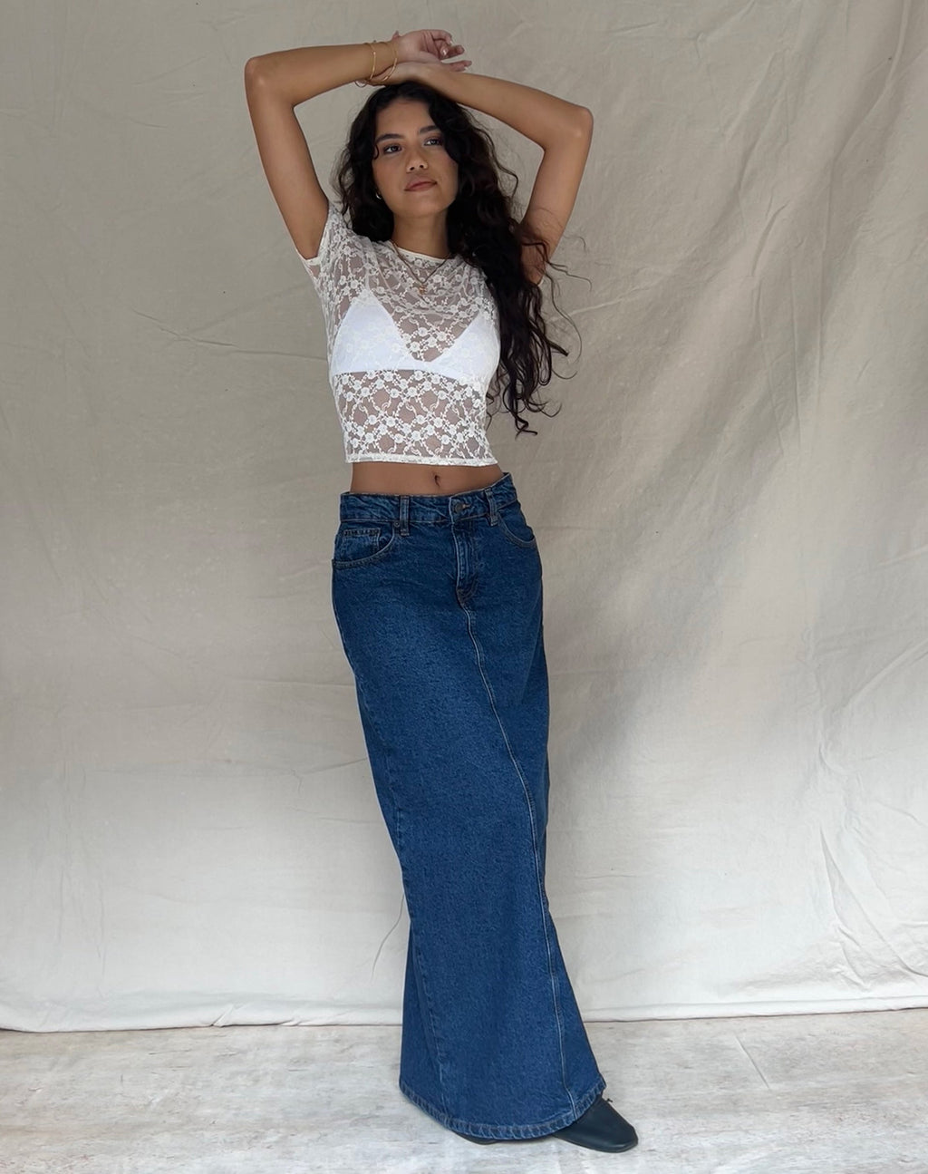 Low Rise Denim Maxi Skirt in Mid Blue Used