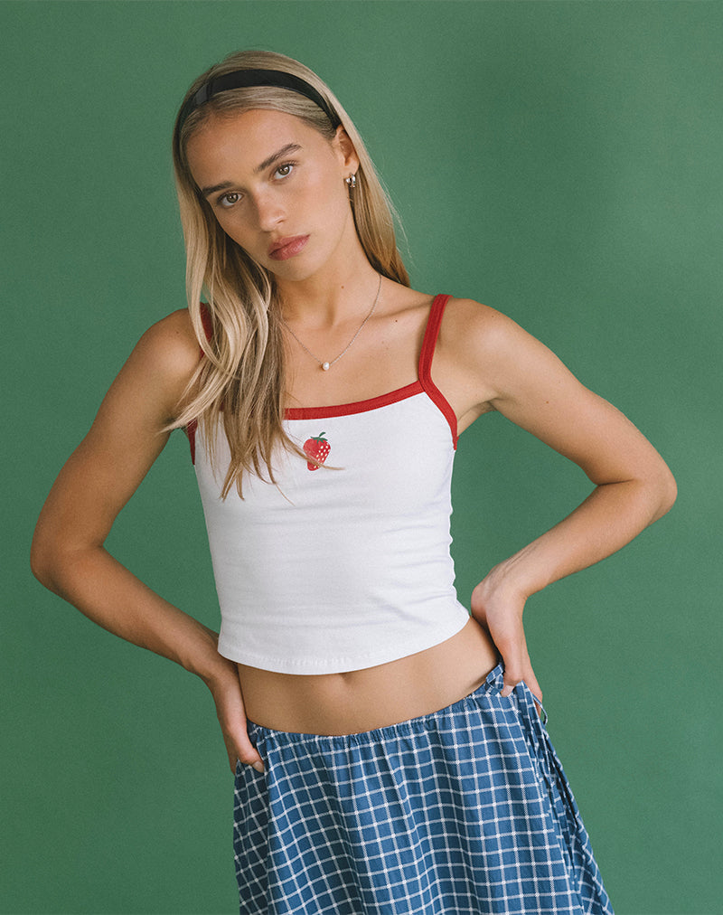 Image of Icah Vest Top in White with Red Binding and Strawberry