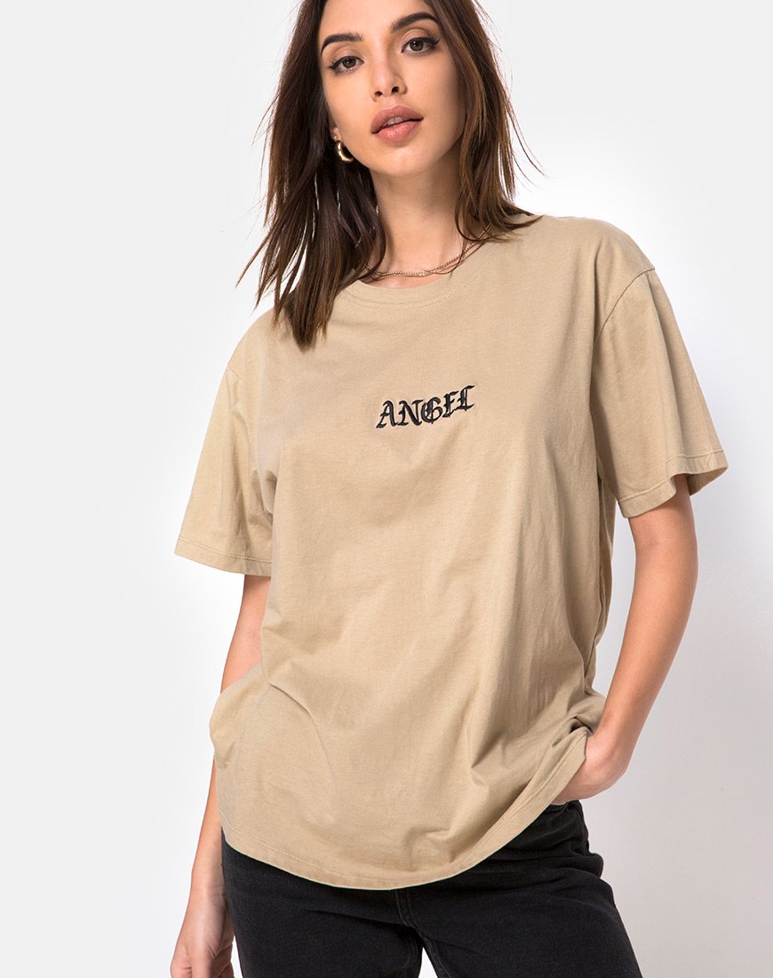 Oversize Basic Tee in Tan with Angel Embroidery