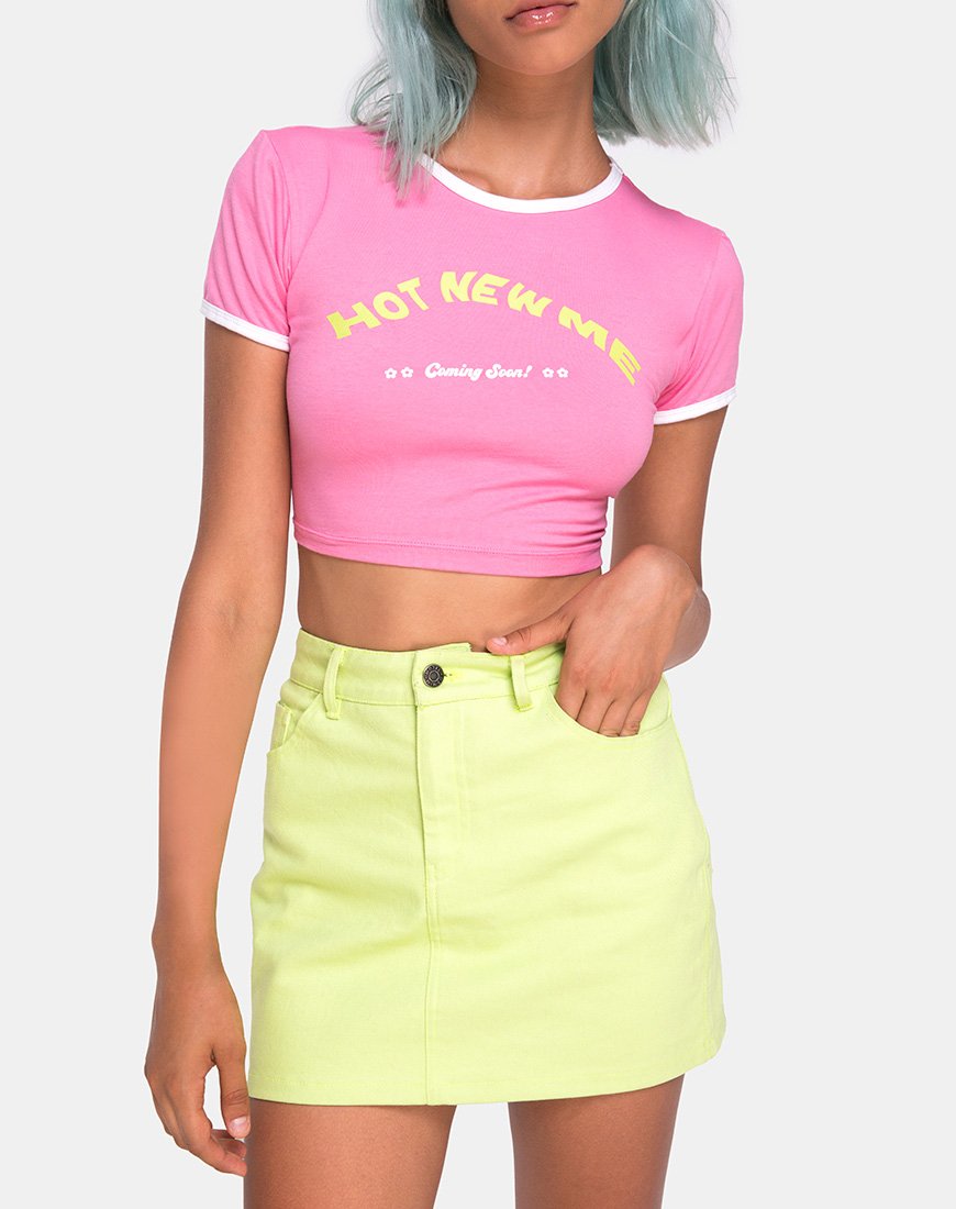 Image of Mandita Crop Top in Bright Pink with Hot New Me Text  X Top Girl