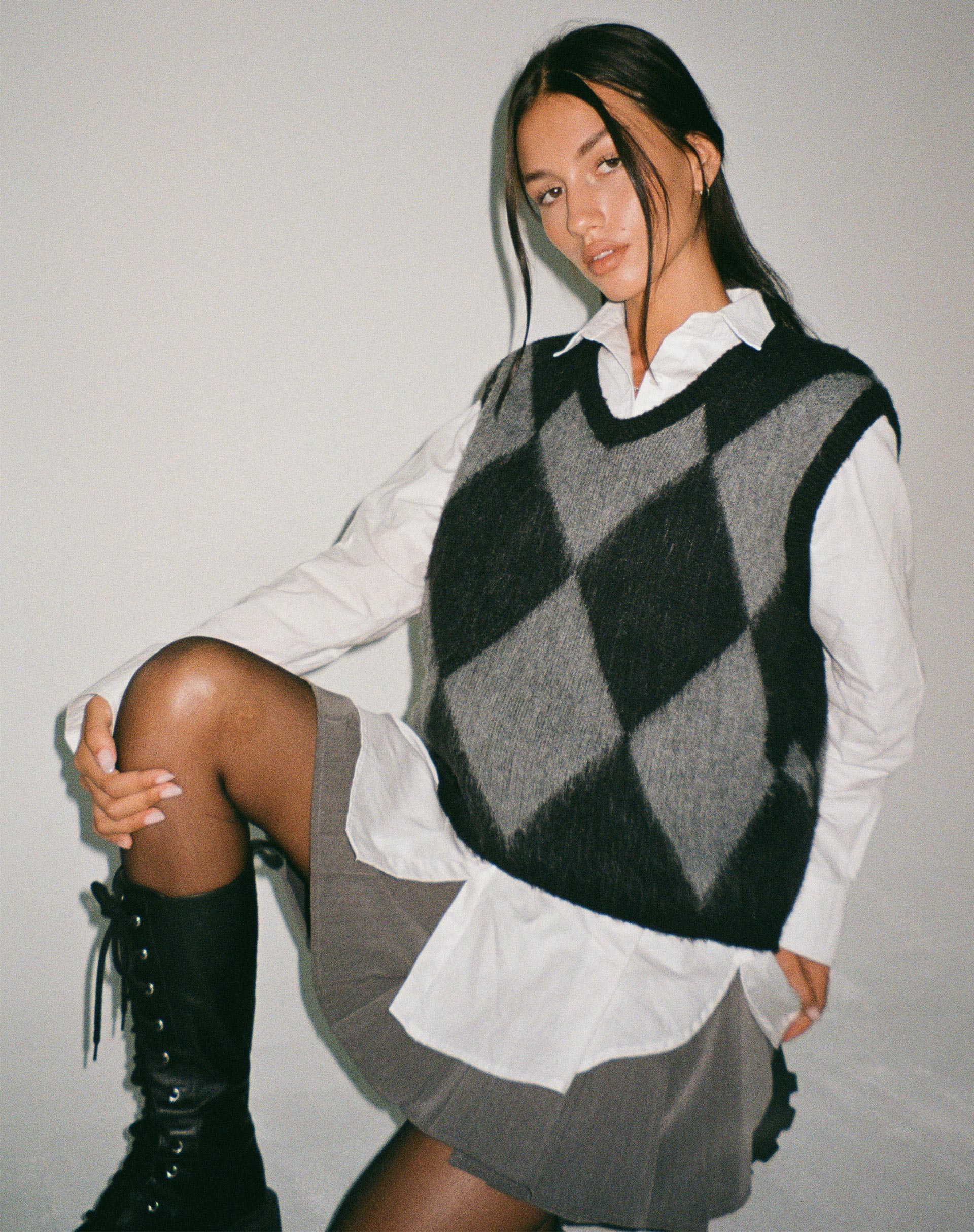 image of Arisa Sweater Vest in Harlequin Grey and Black