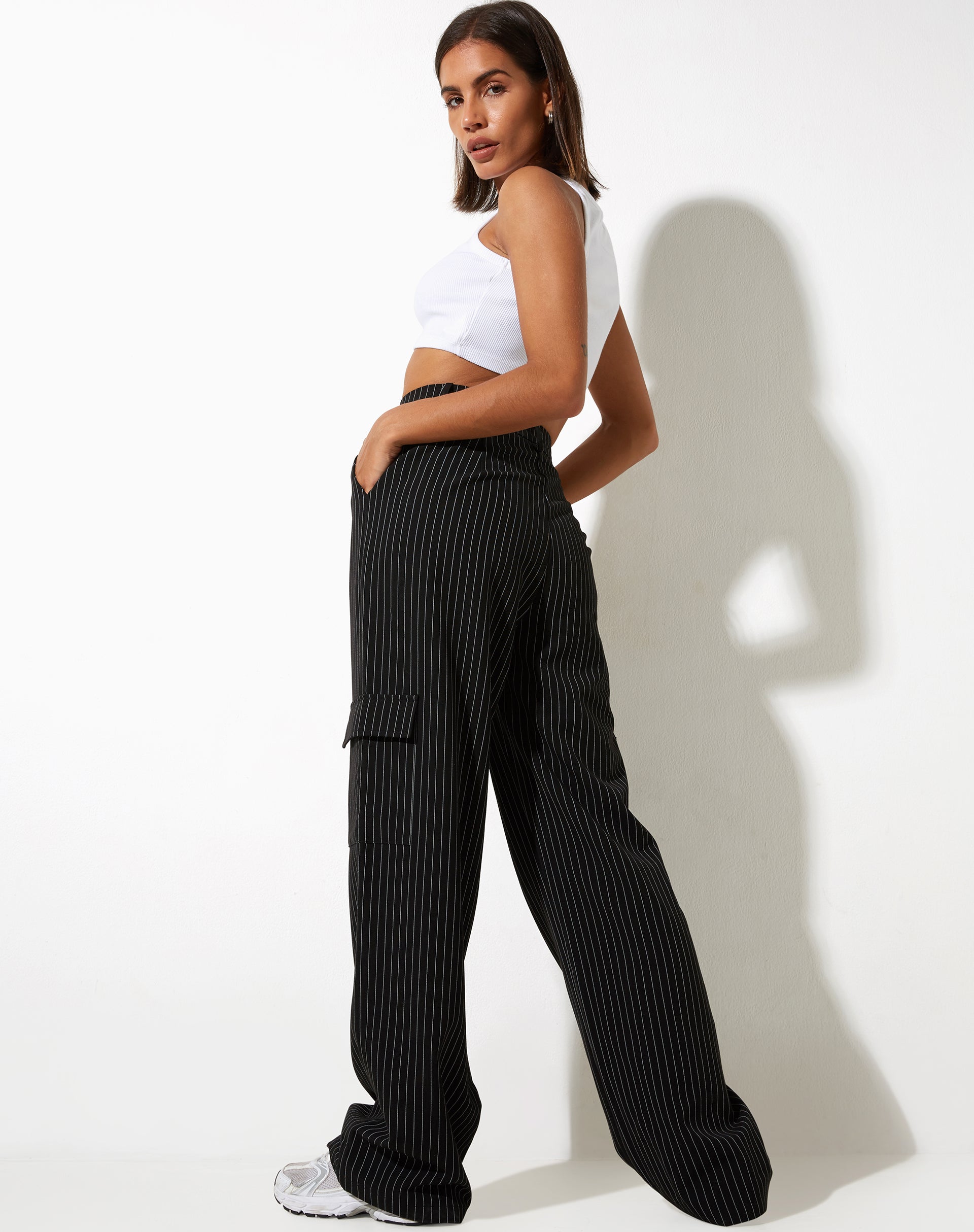 image of Abba Cargo Trouser in Pinstripe Black