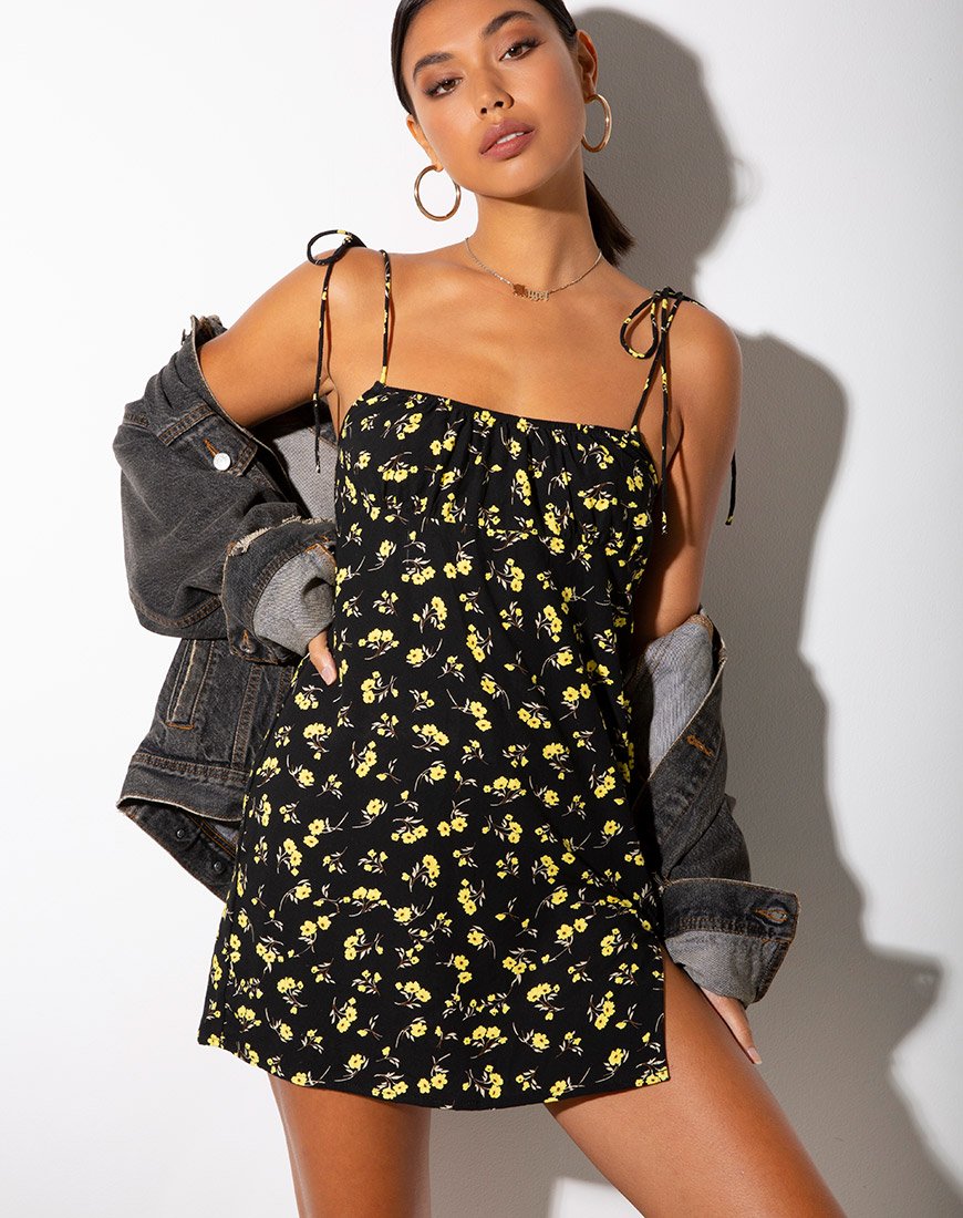 Image of Adara Slip Dress in Buttercup Black and Yellow