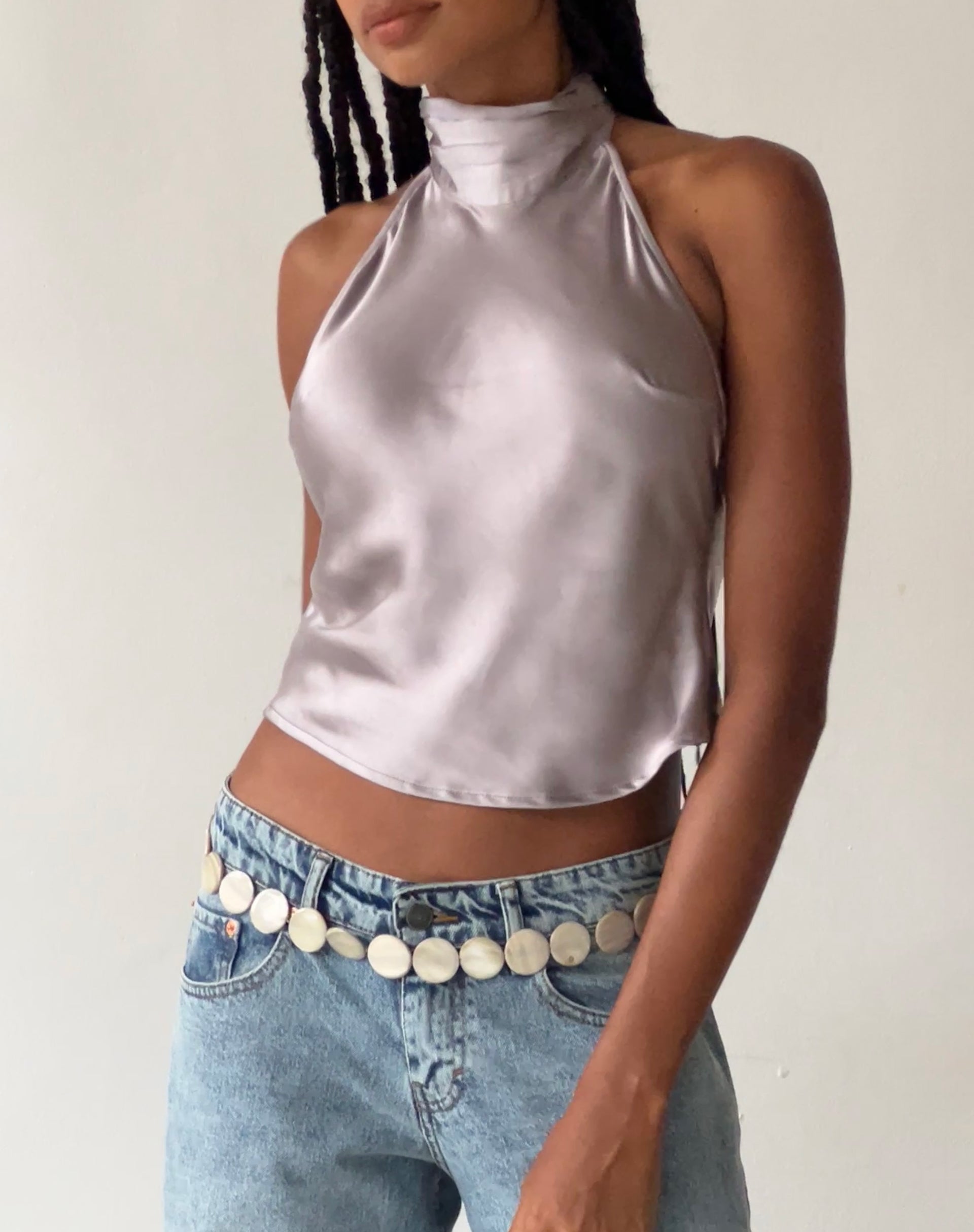 MOTEL X JACQUIE Ataina Halterneck Top in Satin Silver