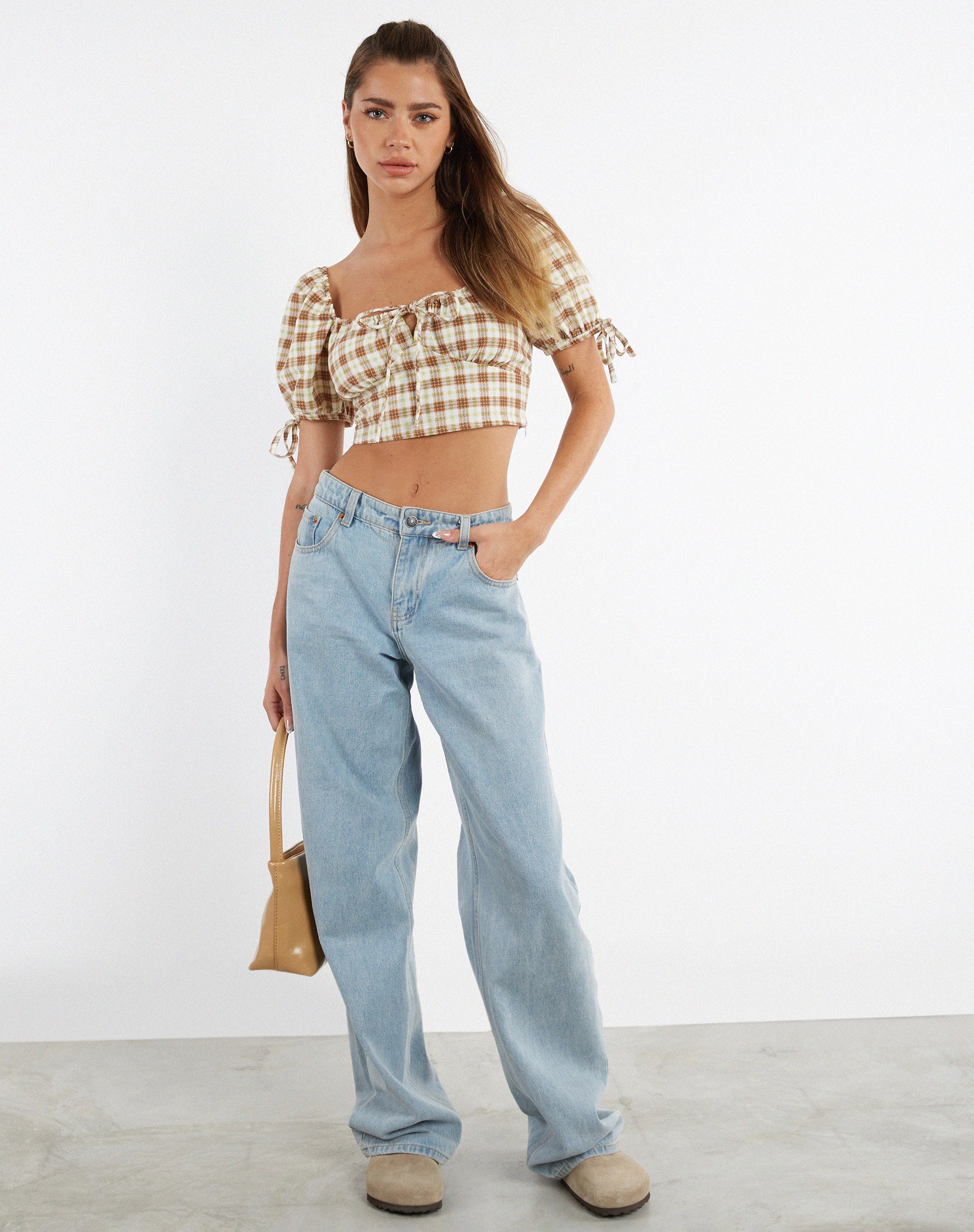 image of MOTEL X JACQUIE Auri Crop Top in Yellow Brown Check
