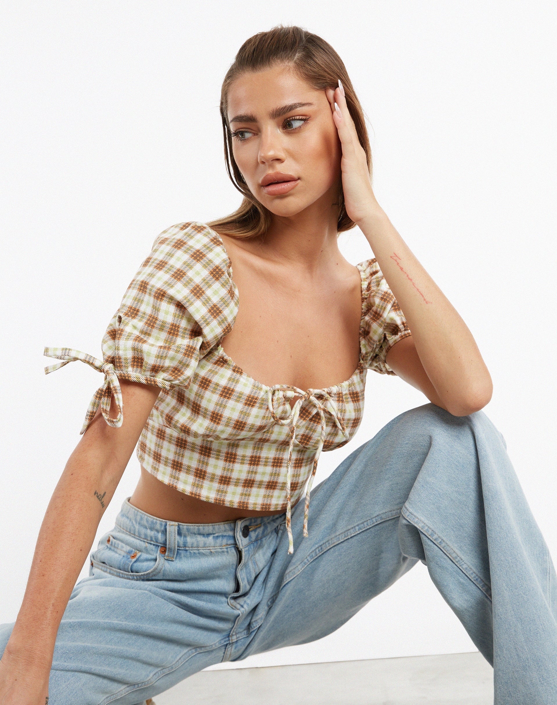 image of MOTEL X JACQUIE Auri Crop Top in Yellow Brown Check