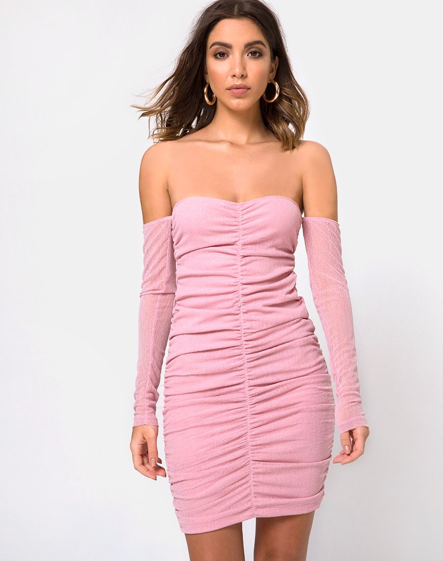 Azalea Off The Shoulder Dress in Sheer Knit Blush