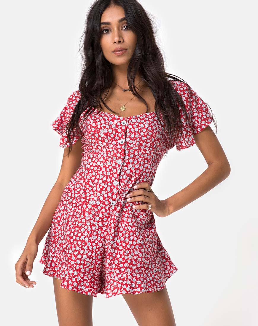 Image of Bae Playsuit in Ditsy Rose Red and Silver