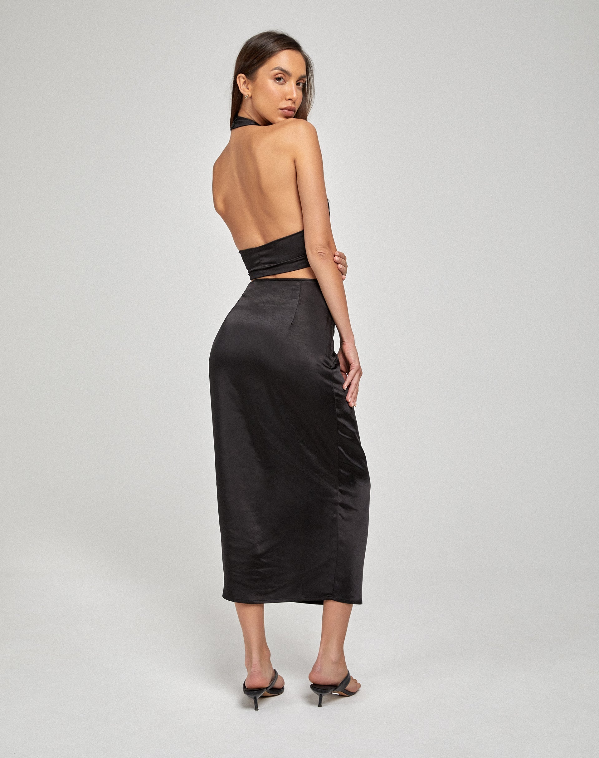 image of Gardy Midi Skirt in Satin Black