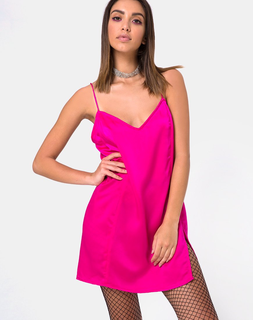 Batista Slip Dress in Fuchsia Satin Pink