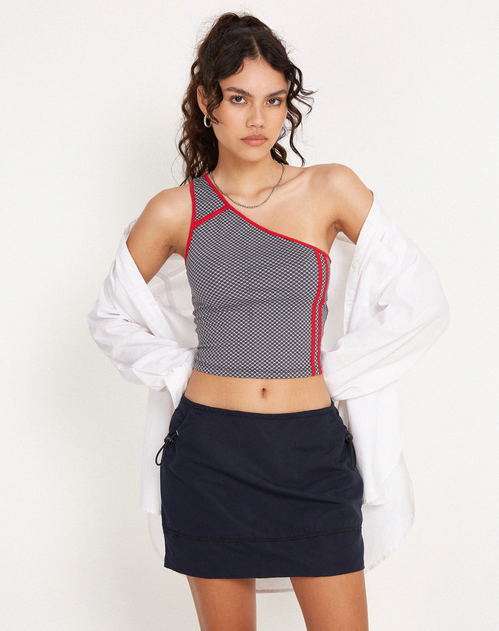 Baylor One Shoulder Top in Grey Red Sporty Micro Spot