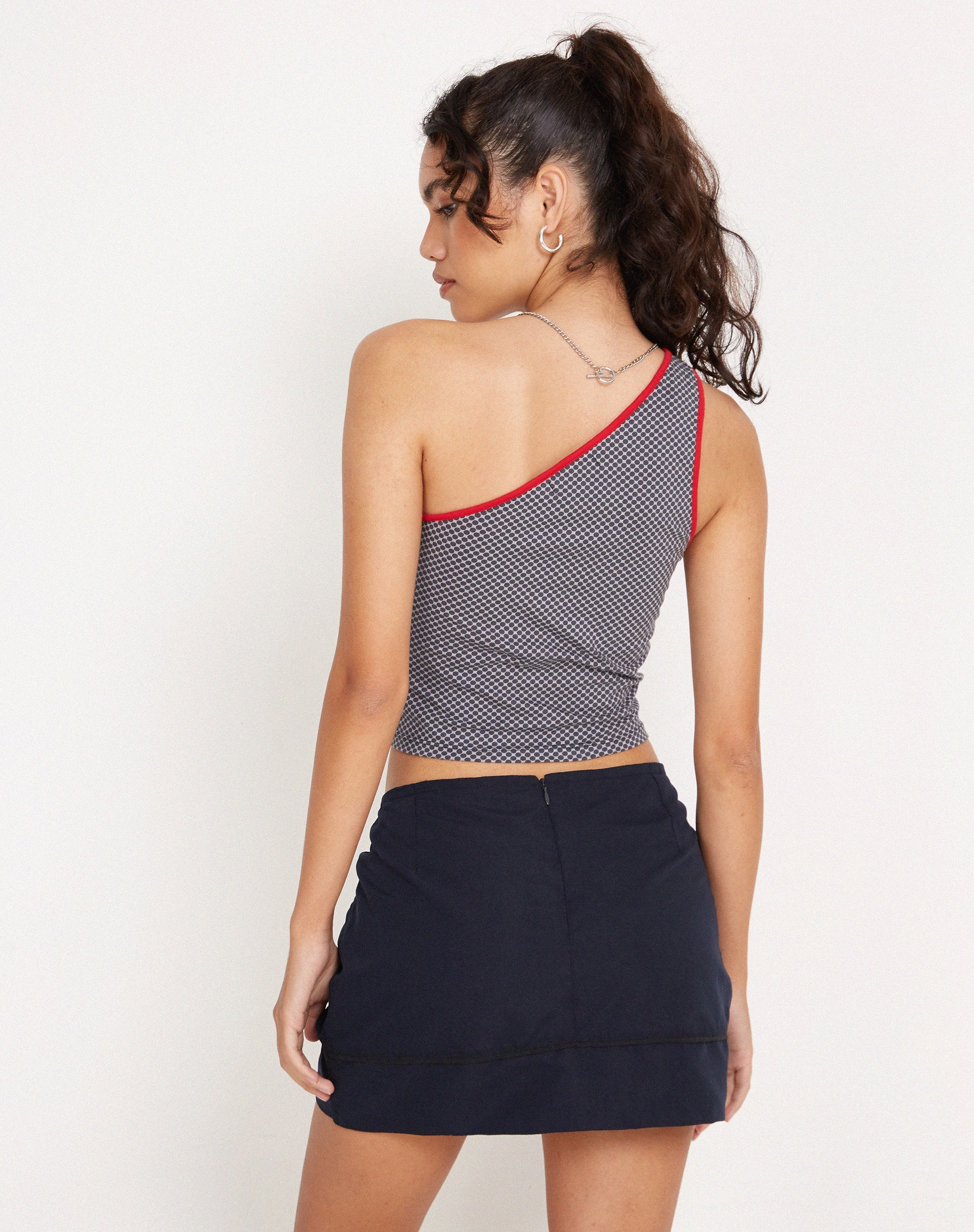 image of Baylor One Shoulder Top in Grey Red Sporty Micro Spot