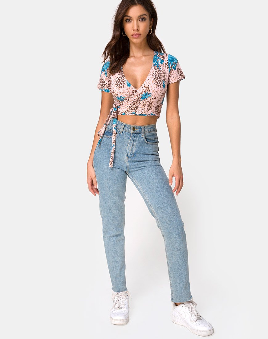 Image of Bilen Crop Top in Jungle Flower Blue and Cream