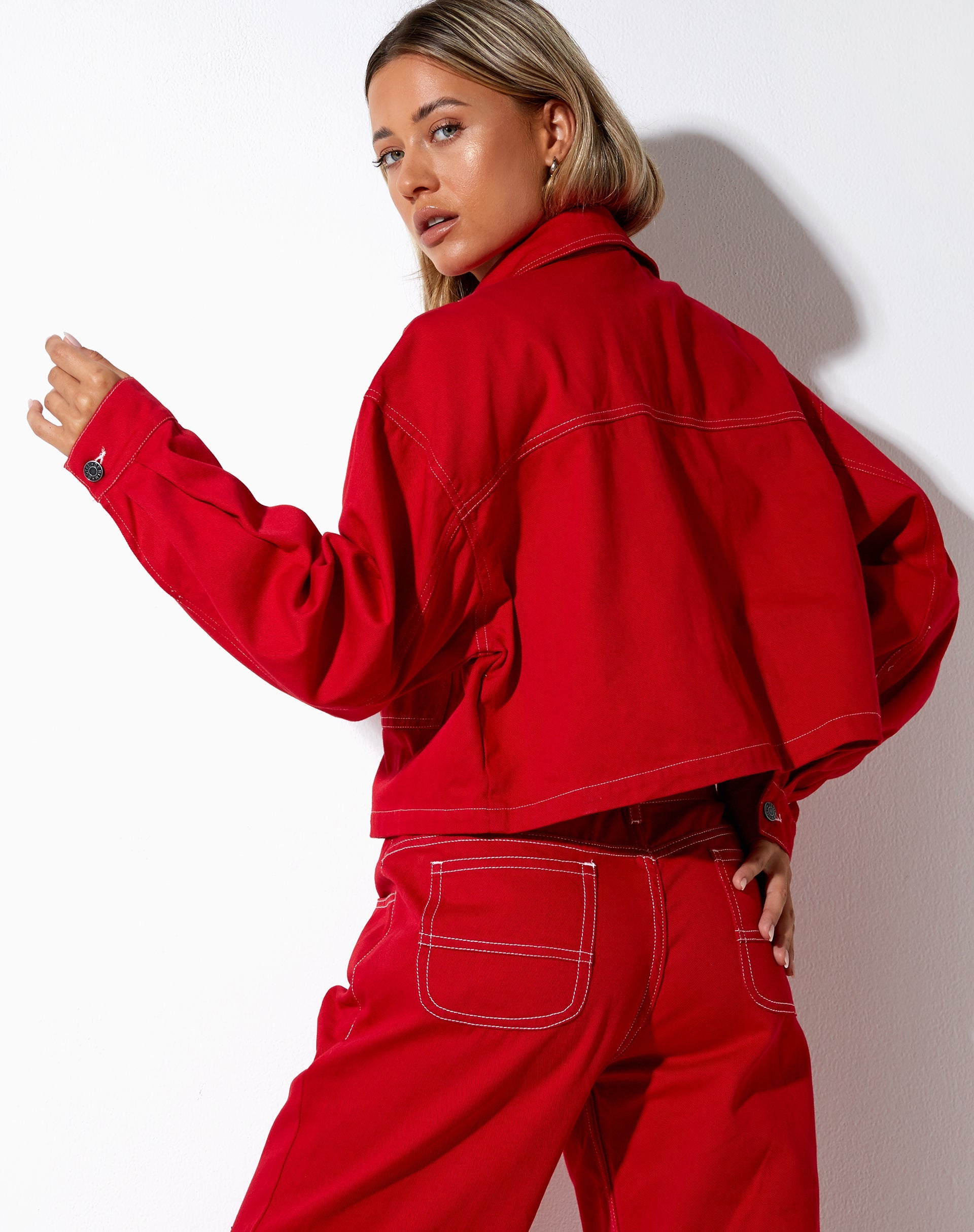 image of Boxy Denim Jacket in Racing Red with White Stitch