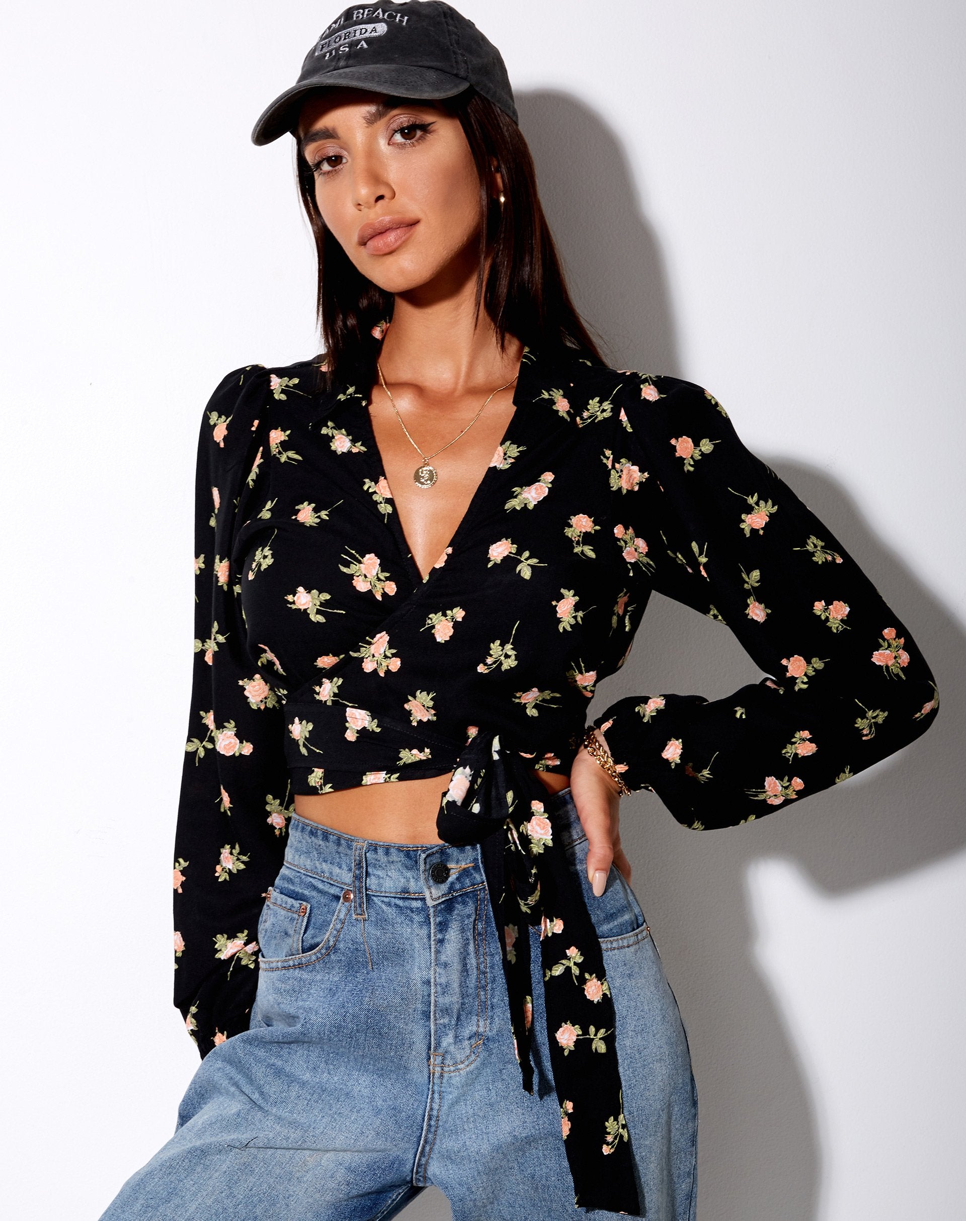 Image of Briza Crop Top in Rose Garden Black