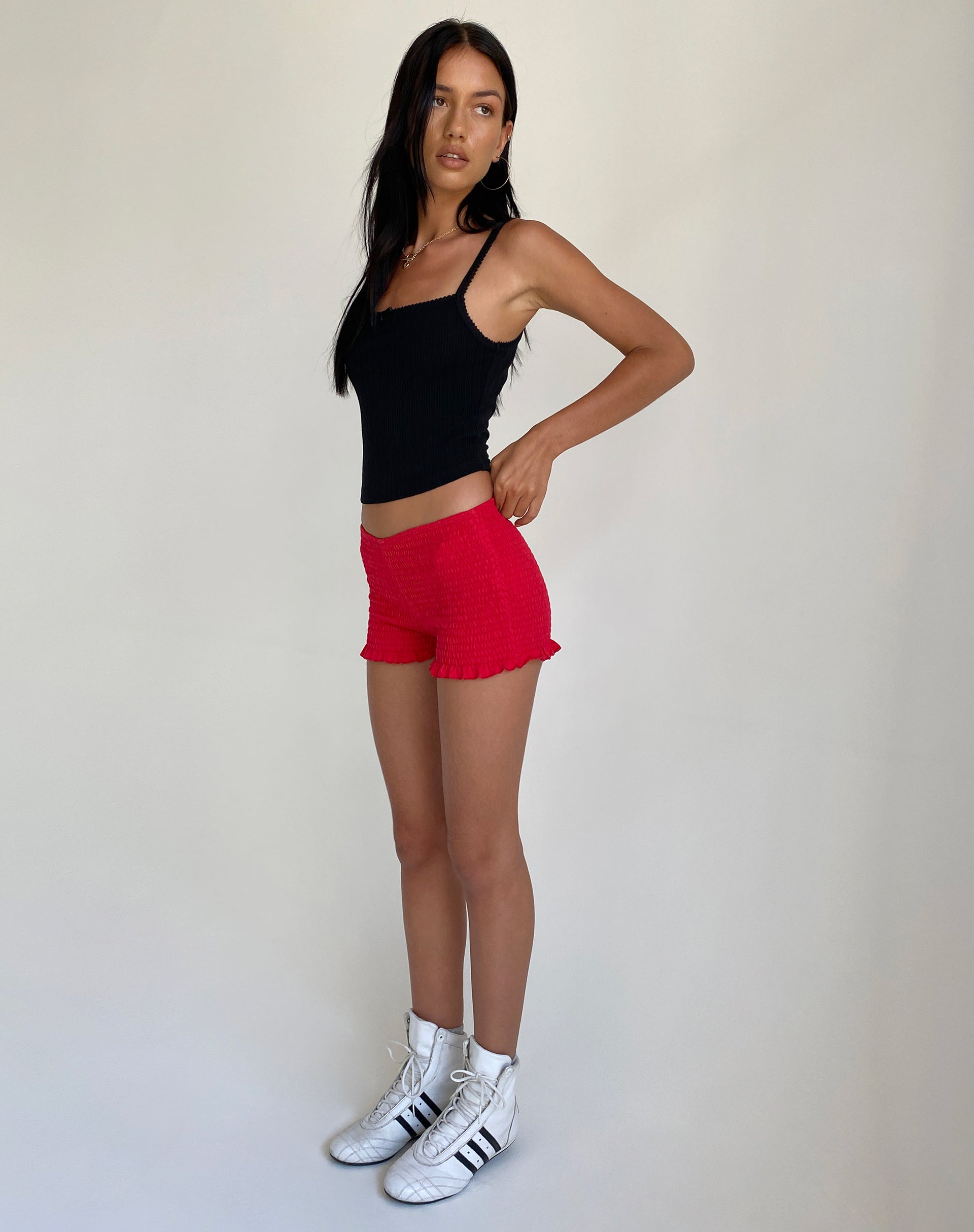 Image of Ritala Ruched Detail Frill Hem Hot Pants in Racing Red