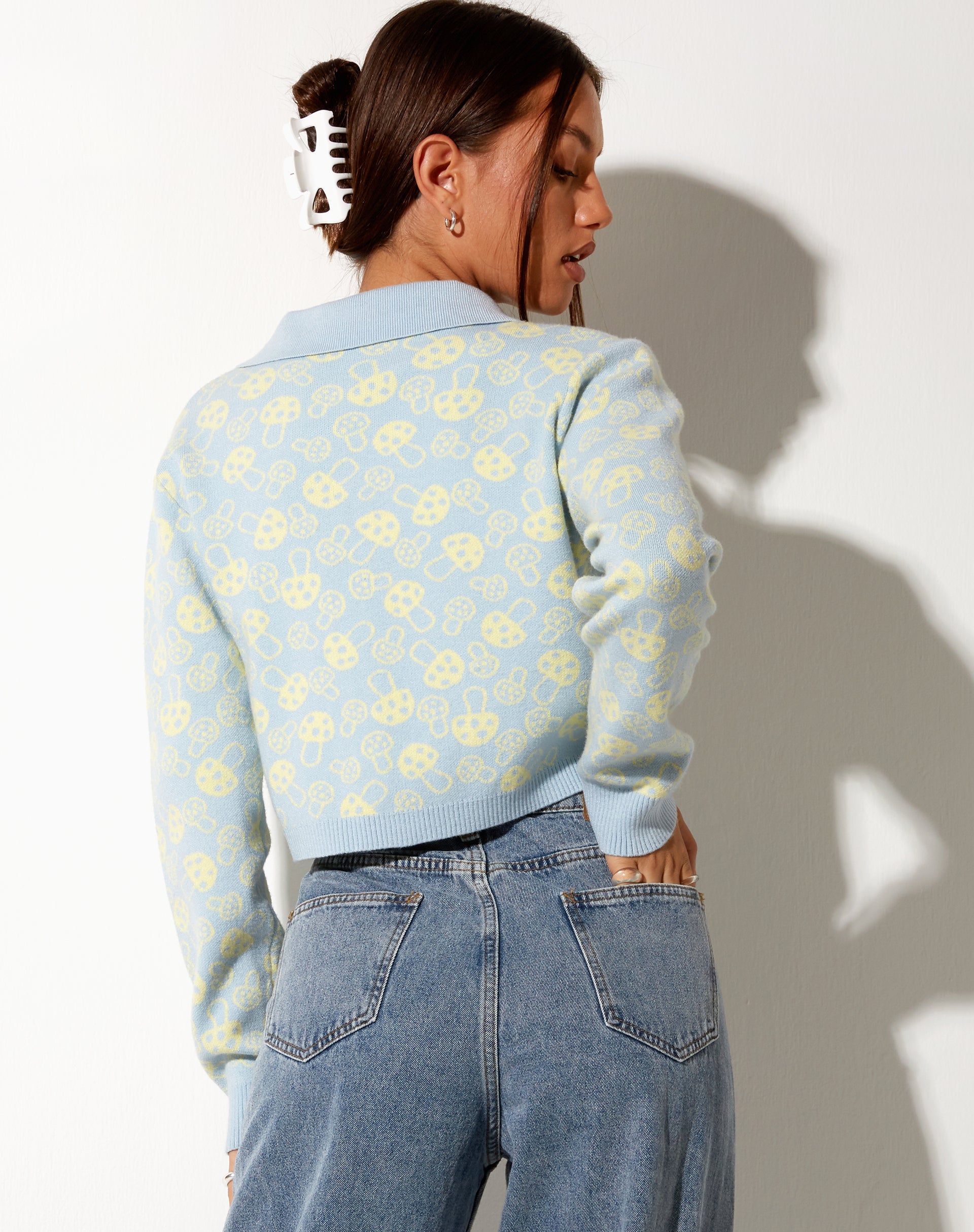 Image of Bufo Cardigan in Baby Shroom Blue and Yellow