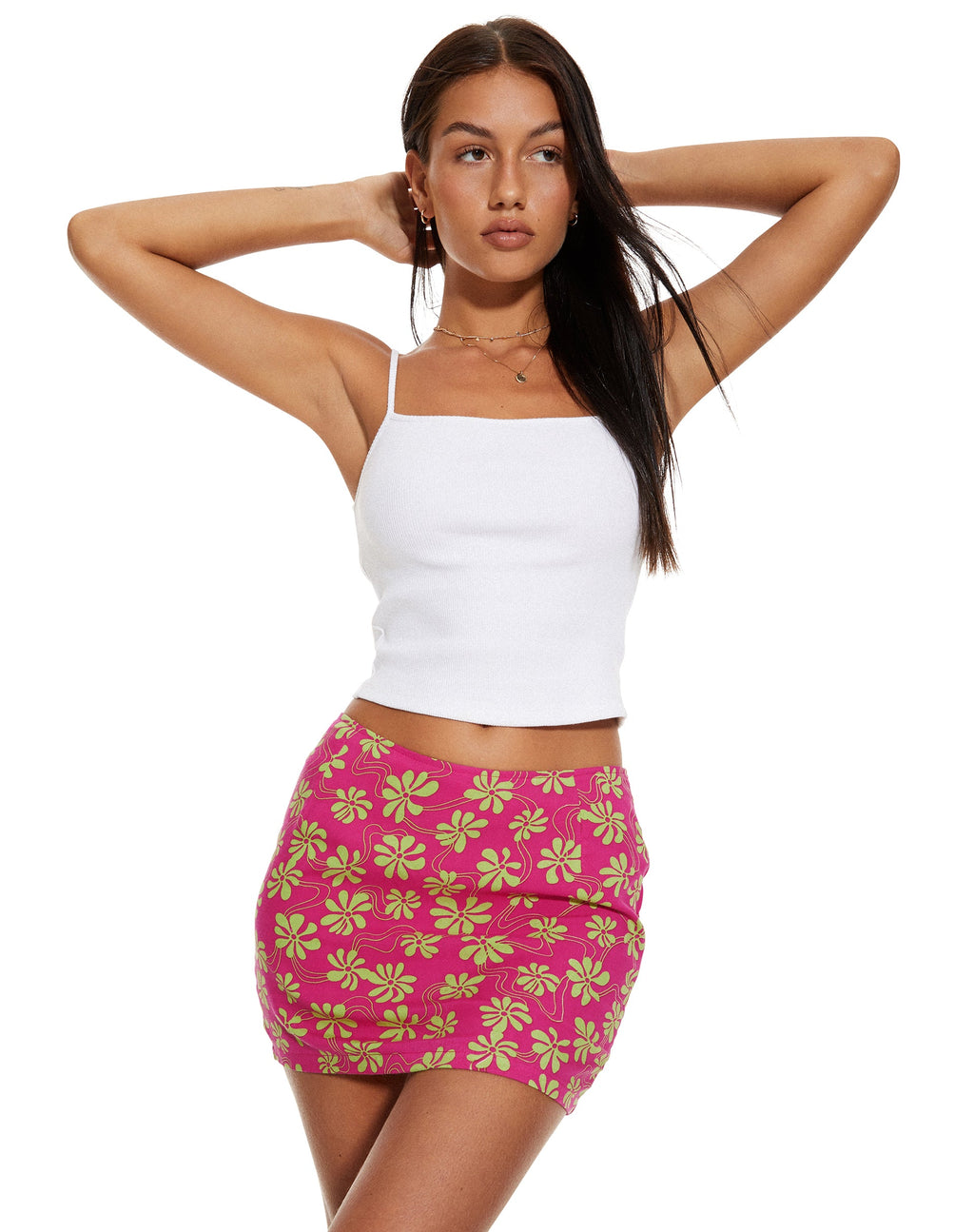 MOTEL X BARBARA Ima Mini Skirt in 90's Beachy Floral Hot Pink