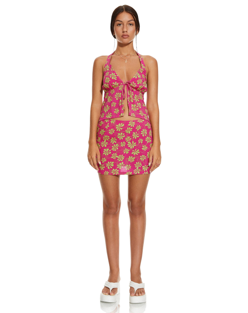 MOTEL X BARBARA Roula Top in 90s Beachy Floral Hot Pink