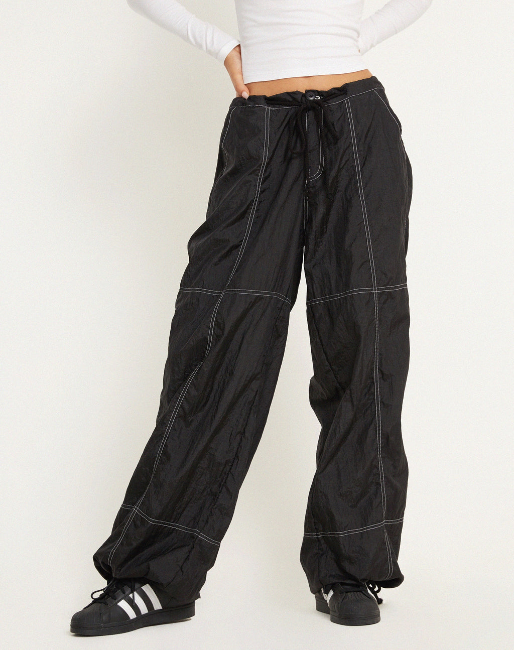 Phil Low Waist Trouser in Black with White Top Stitch
