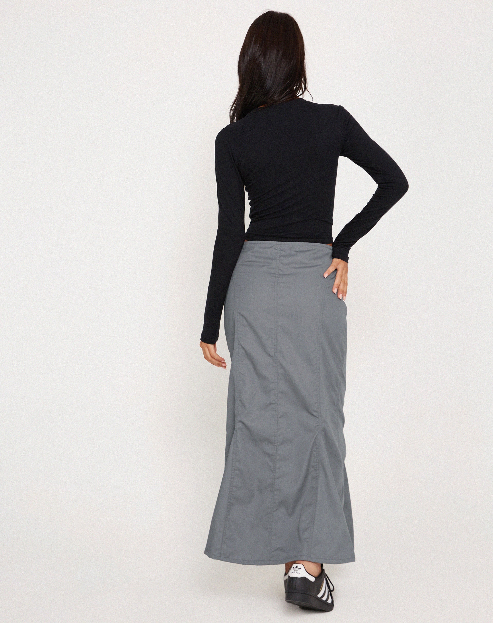 Image of Chaeun Low Rise Midi Cargo Skirt in Grey