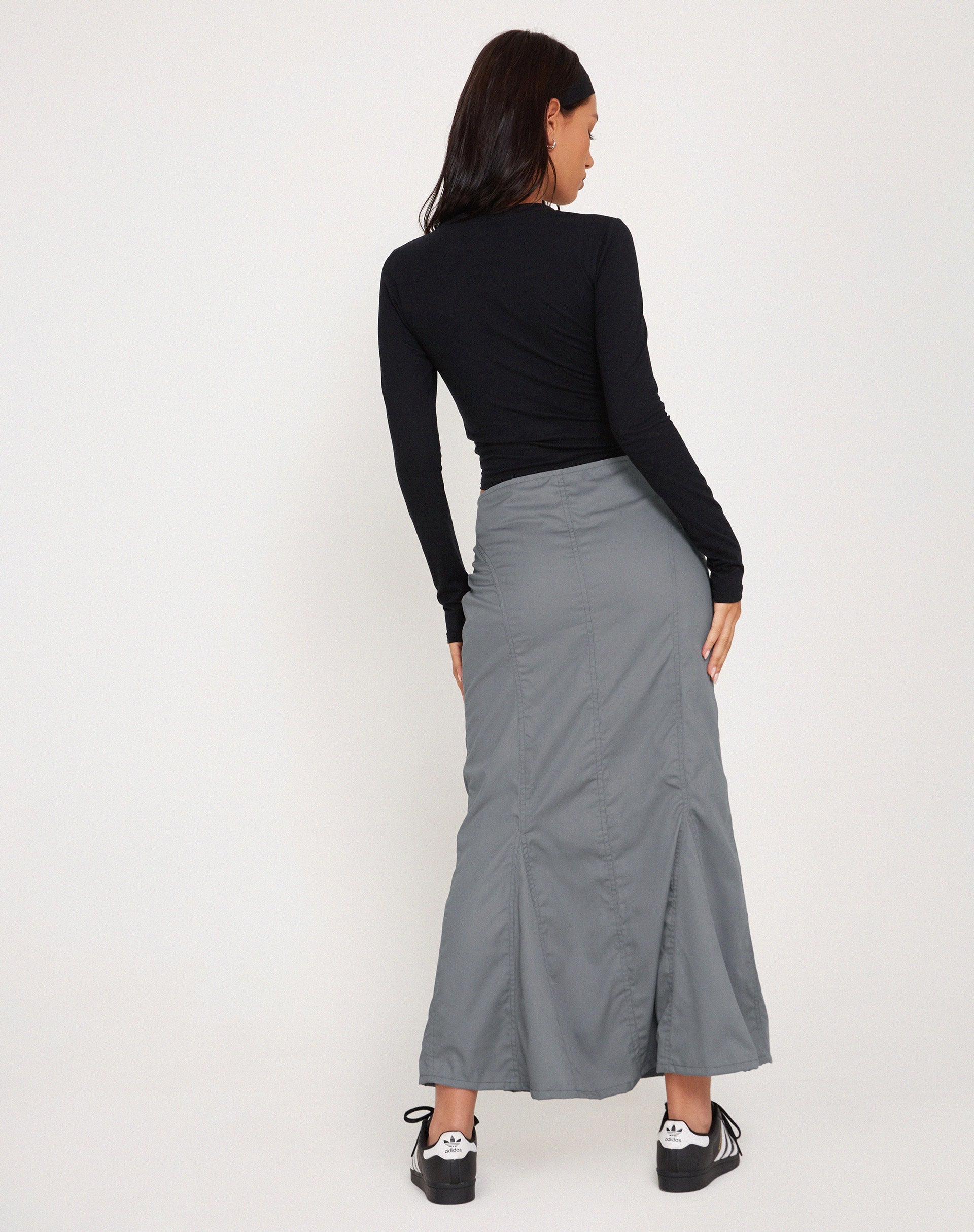 Image of Chaeun Low Rise Midi Cargo Skirt in Grey